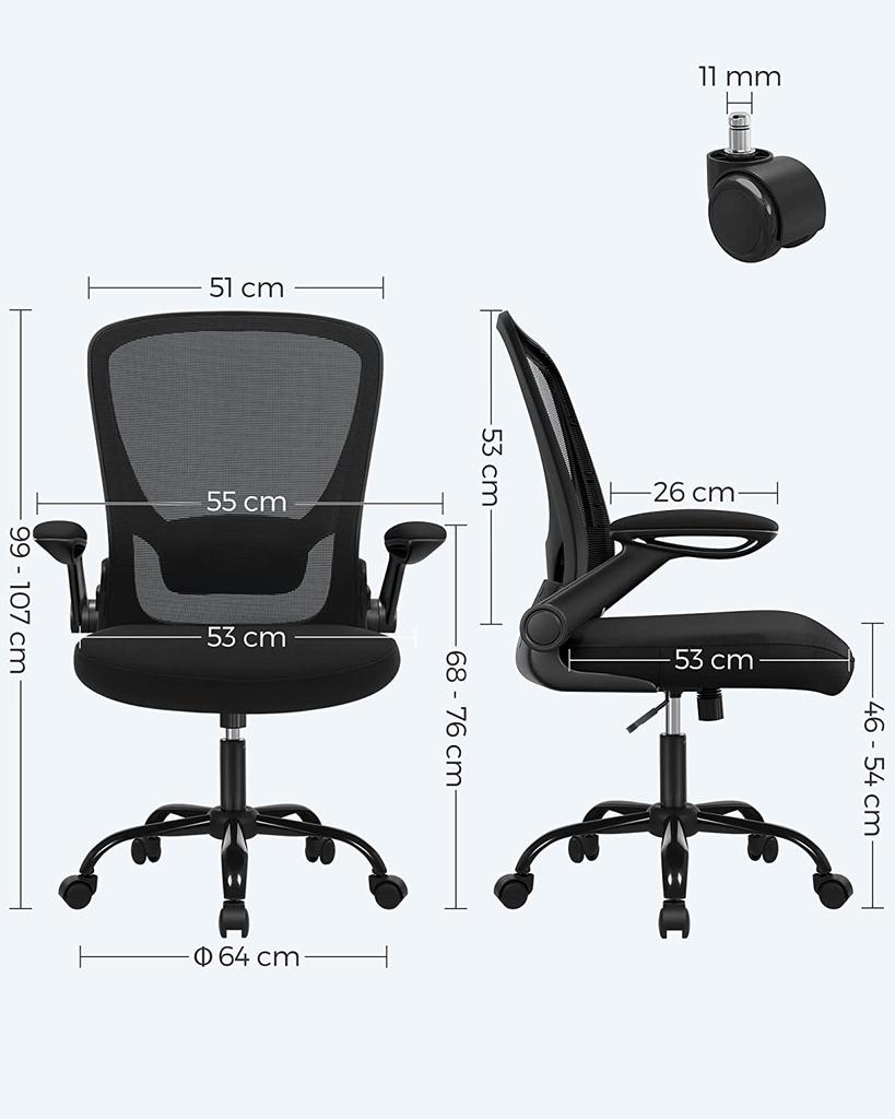 SONGMICS Office Chair, Desk Chair, Mesh Swivel Chair, Ergonomic Computer Chair, Lumbar Support, Oscillating, Seat 53 cm, Folding Armrests, Black