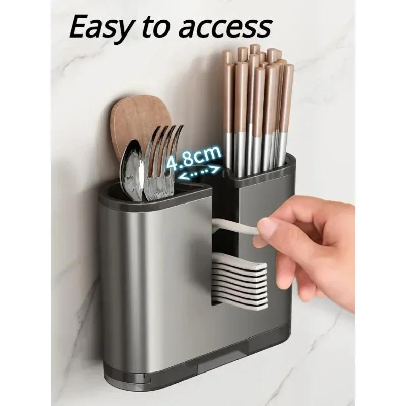 Kitchen Storage Chopsticks Tube Rack Wall-mounted Hanging Punch-free Drain Aluminium Chopsticks Cage Storage Kitchen Organizer