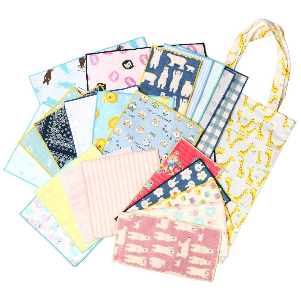 

Набор носовых платков из 22 штук с бонусной сумкой-тоут, из хлопковой марли, белый микс, набор [кластер] детский (Включает сумку) Япония, 100% носовые платки/Жираф