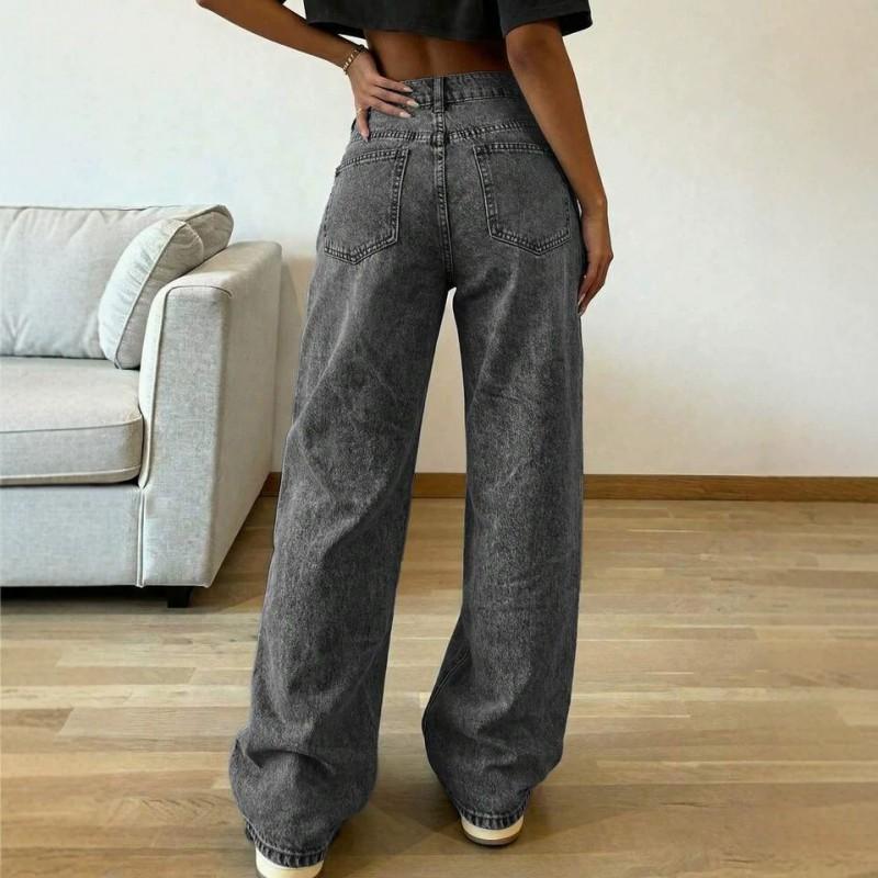 2026 High-Waisted Wide-Leg Straight Cut Distressed Denim Jeans Women Loose Fit Long Trousers