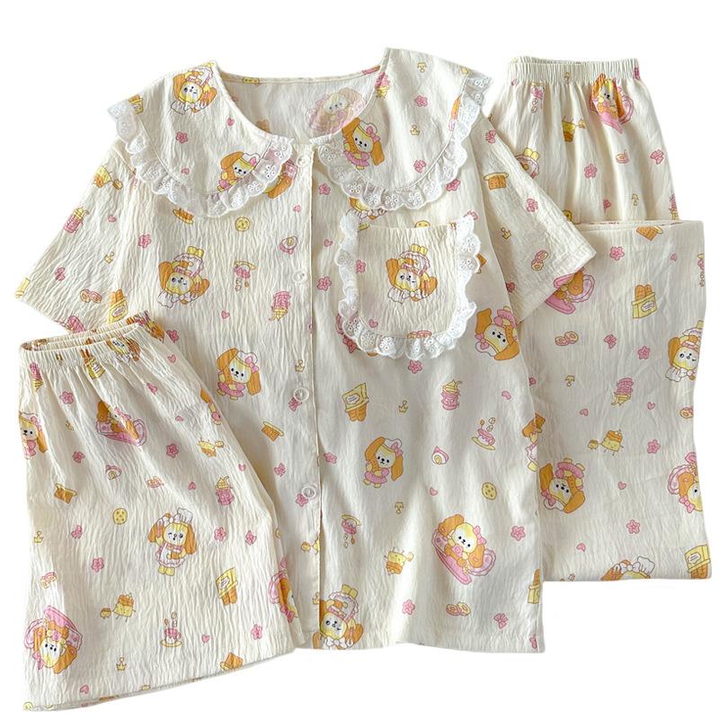 Chef Cake Doll Collar Pajamas Women'S Summer Cloud Cotton Loungewear Short-Sleeved Three-Piece Set