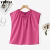 VONDA Women Summer Lace-up Neck Batwing Sleeveless Solid Casual Ruffled Tank Tops