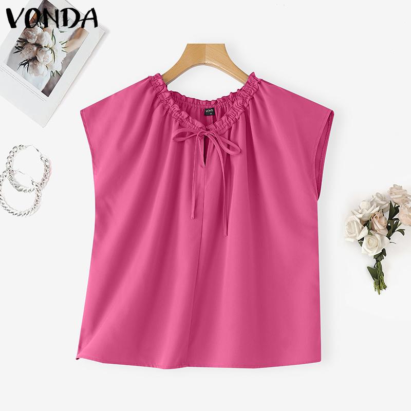 VONDA Women Summer Lace-up Neck Batwing Sleeveless Solid Casual Ruffled Tank Tops