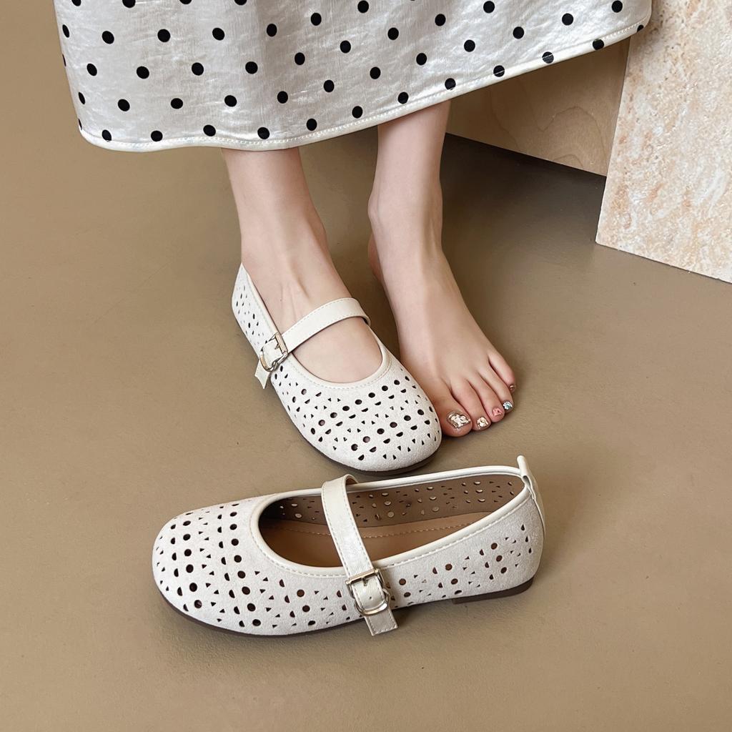 Round head soft sole shallow mouth single shoes new one-word buckle breathable hollow flat bottom low heel Mary Jane shoes comfortable shoes