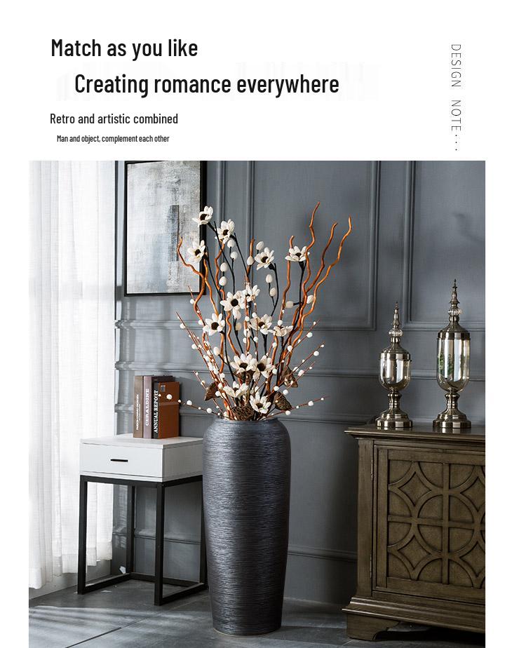 Black Zen-Style Ceramic Floor Vase for Dried Flowers - Retro Terracotta Ornament