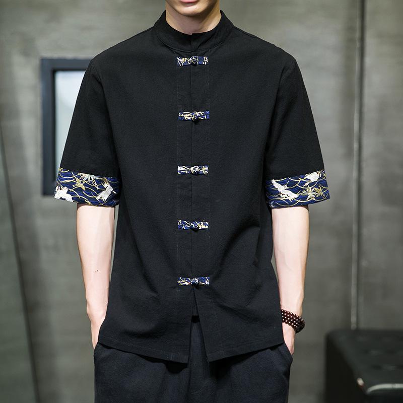 Men's 2022 Retro Chinese Style Color Block Cotton Linen Frog Button Short Sleeve Shirt
