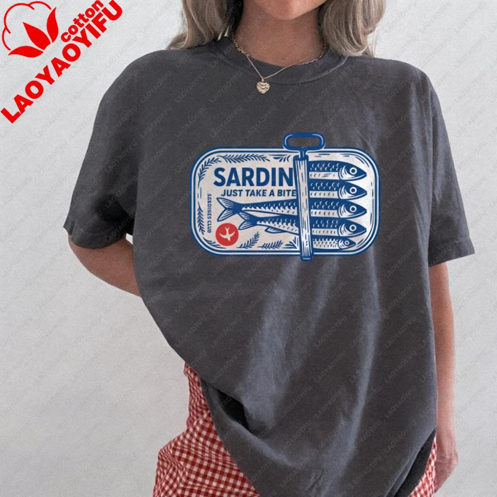 Vintage Sardines Cotton TShirt Retro Fish Tattoo Graphic Tee for Unisex Women Trendy Aesthetic Top Funny Unisex Tee Foodie Shirt