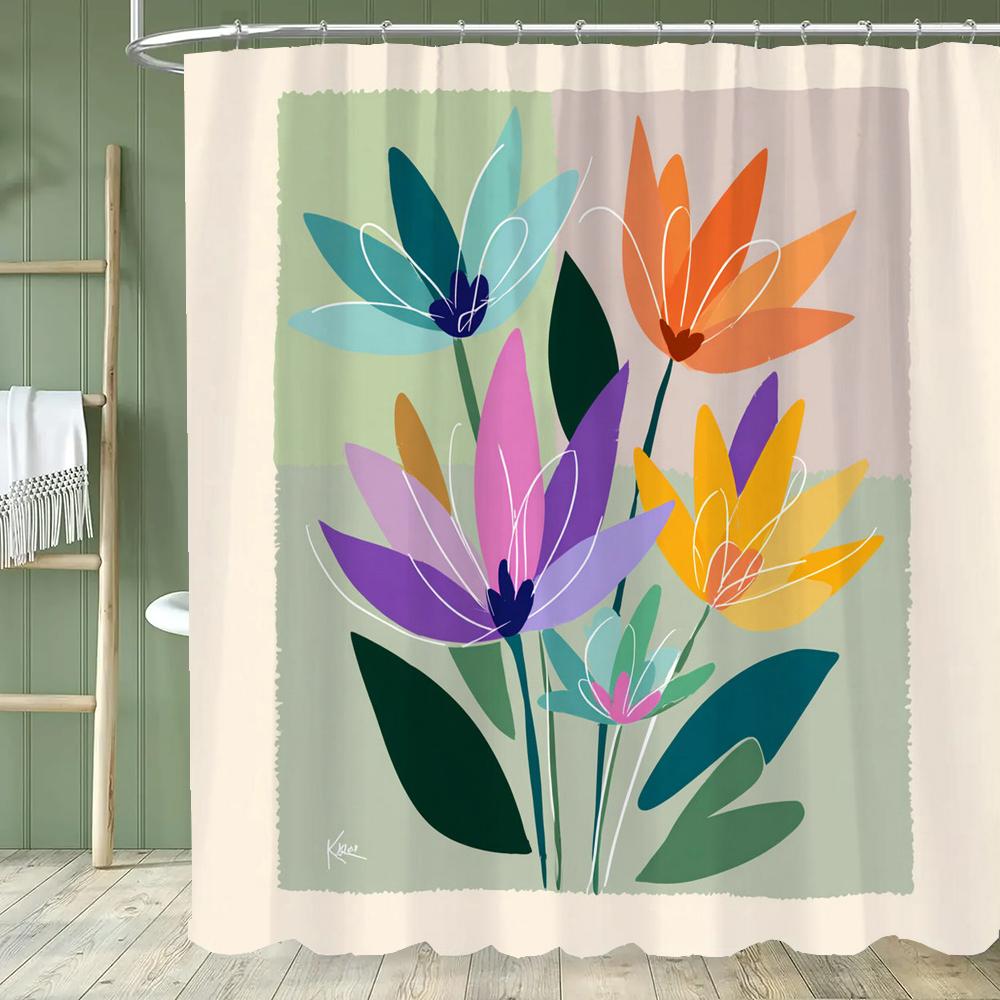 1pc Modern Minimalist Flowers Shower Curtain Floral Design Perfect Bathroom Decorative Bathroom Shower Curtain With Hooks