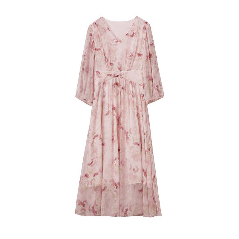 Mulberry silk dress women's summer silk floral slim and thin flower language georgette French long dress temperament young