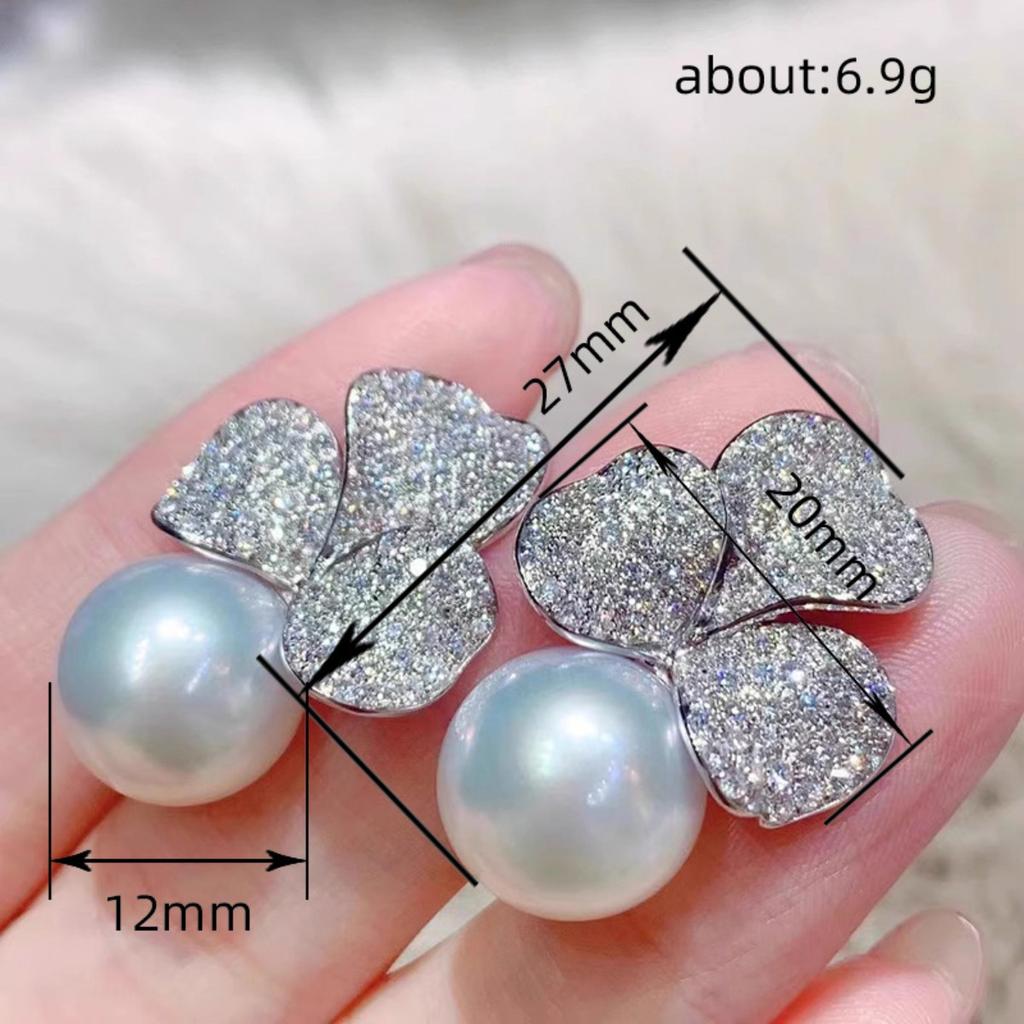 Three Leaf Clover Full Paved Zircon Imitation Pearl Stud Earrings