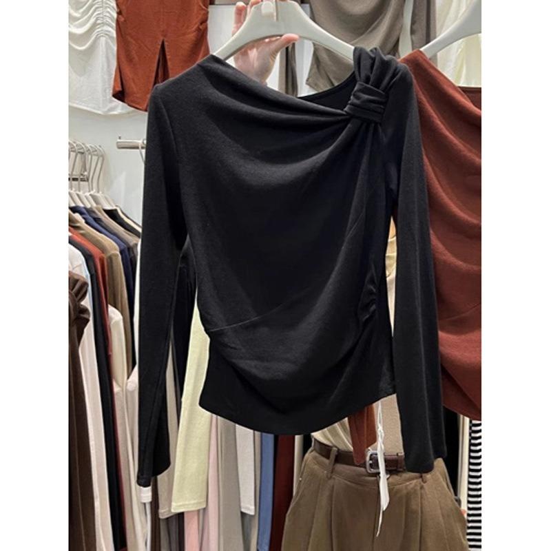 

Однотонная футболка с диагональным вырезом, плиссированная, с длинным рукавом, женская осенне-зимняя базовая футболка, можно носить как нижнее белье и на выход, топ из немецкого бархата S чёрный