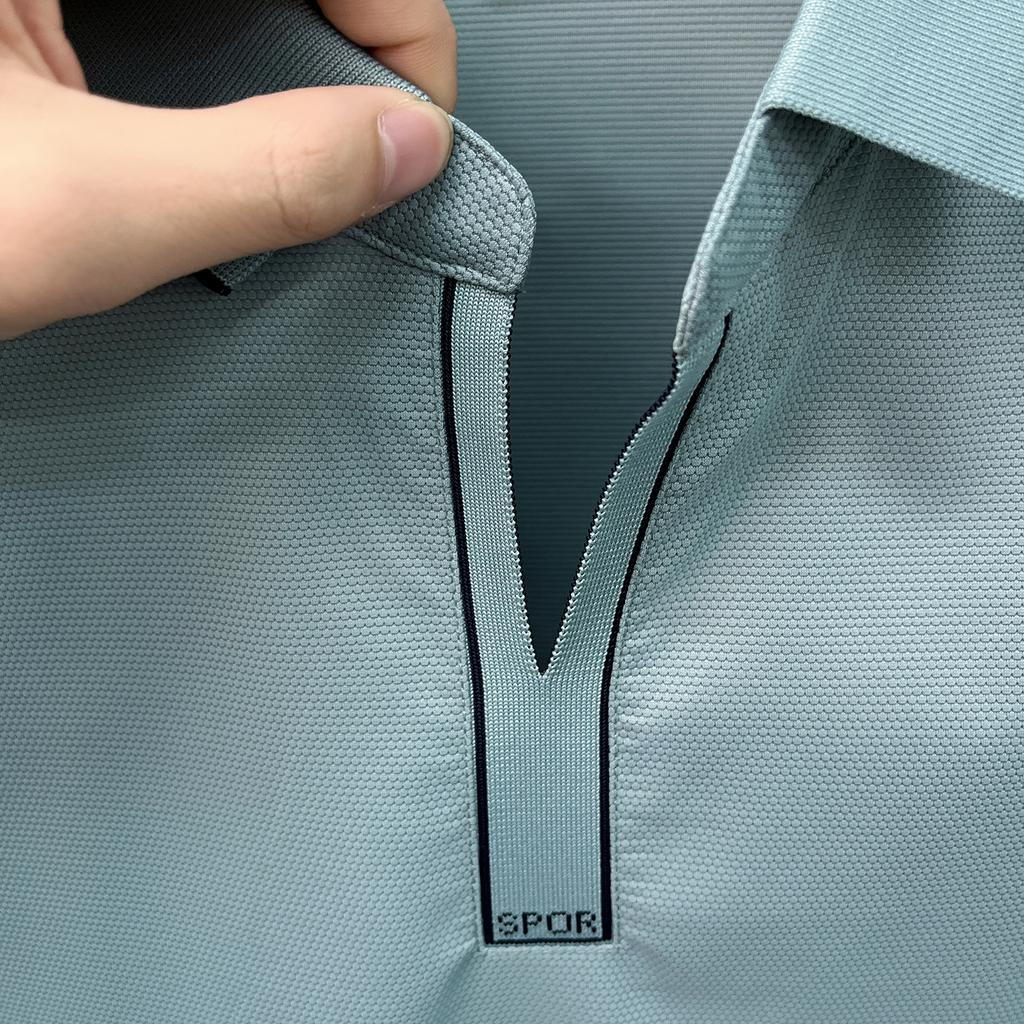 [Ice Sensitive Quick Drying Bead Ground] Summer High Elasticity Wrinkle Resistant Men's Buttonless V-neck Polo Shirt