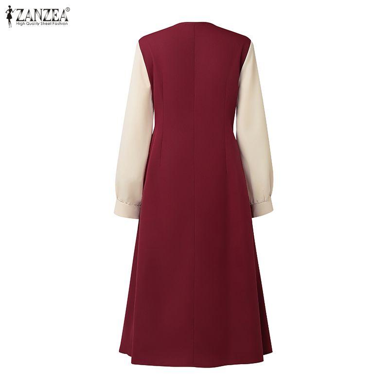 ZANZEA Women Casual Turn Down Collar Patchwork Long Sleeve Dress