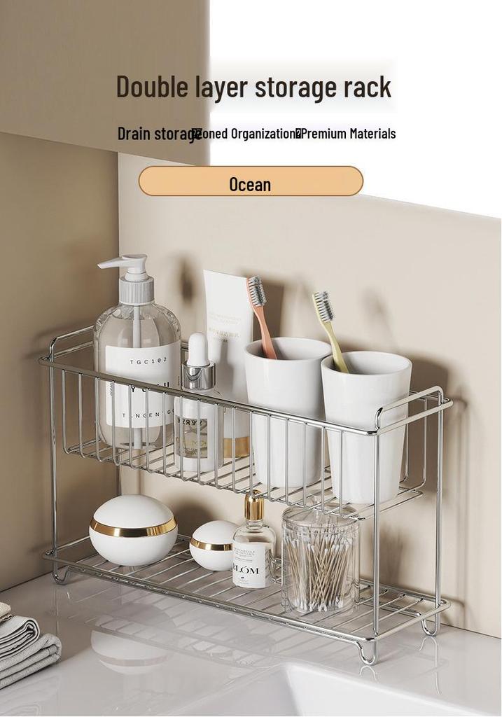 Stainless Steel Double Layer Kitchen Cutlery & Bathroom Drain Basket, Punch-Free Storage Rack for Cosmetics & Household Items