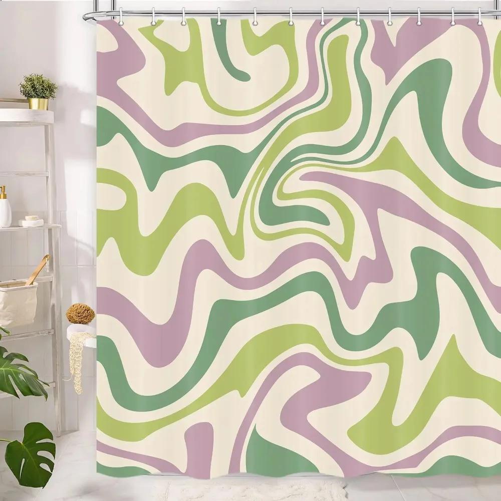 Pink Shower Curtain, Aesthetic 80 S Abstract Wave Swirl Cute Beige Shower Curtain, Retro Simple Bathroom Accessories