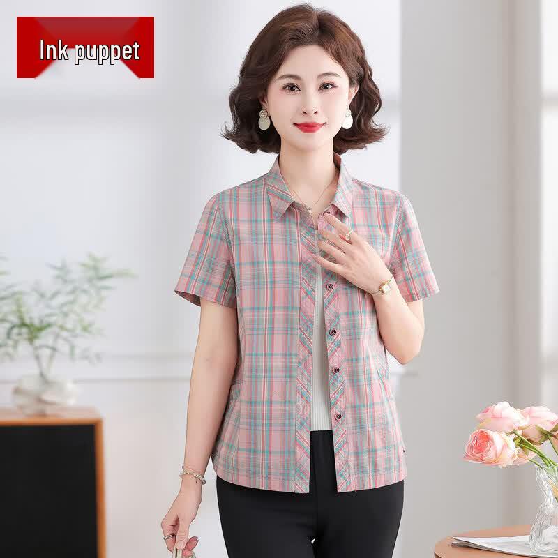 Senior Women s Plaid Short Sleeve Turn-Down Collar Shirt 3XL