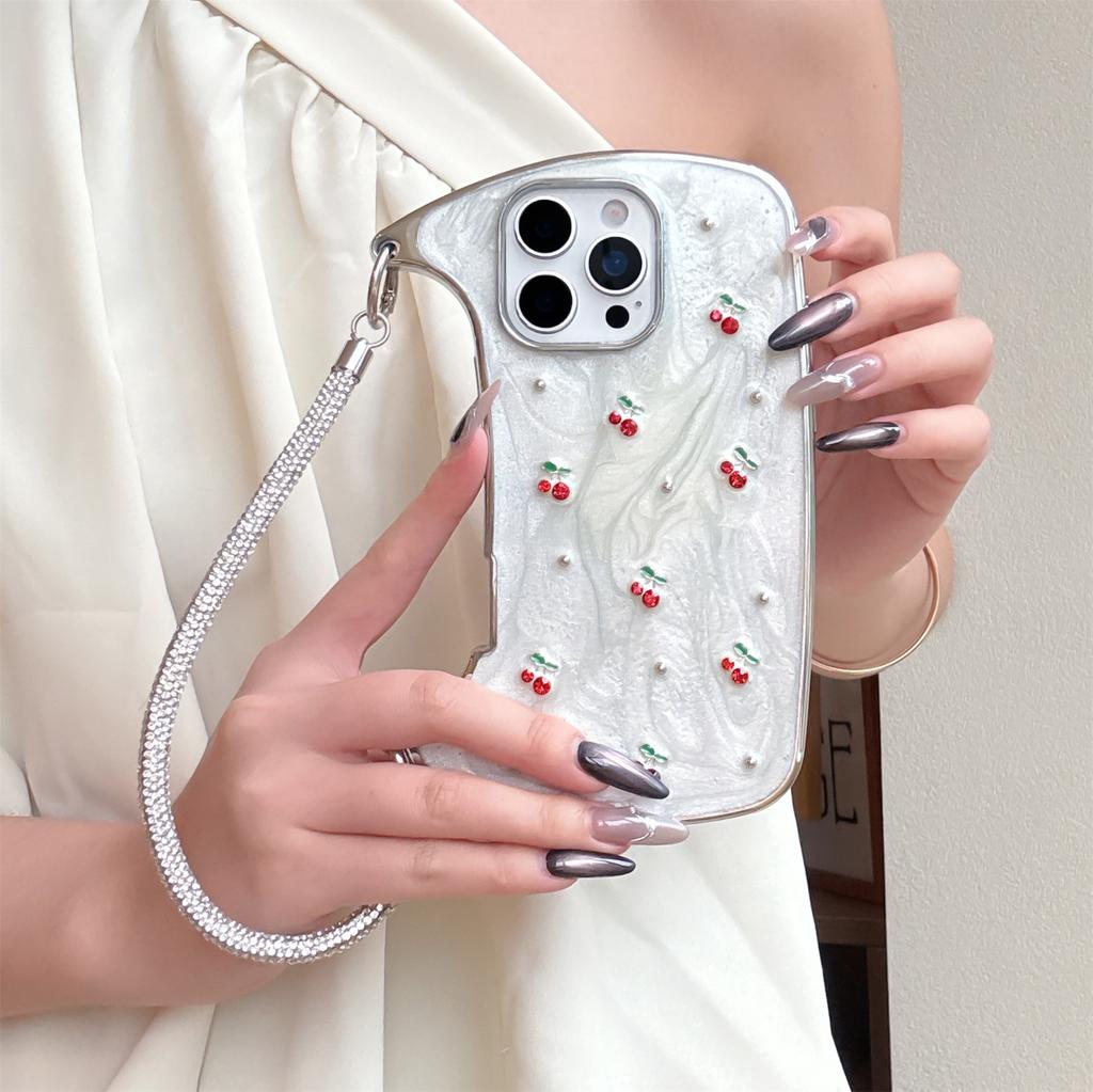 Pearl & Cherry Shoulder Phone Case for iPhone 12-17 Series — Sparkling Adjustable Strap, Fresh Summer Design