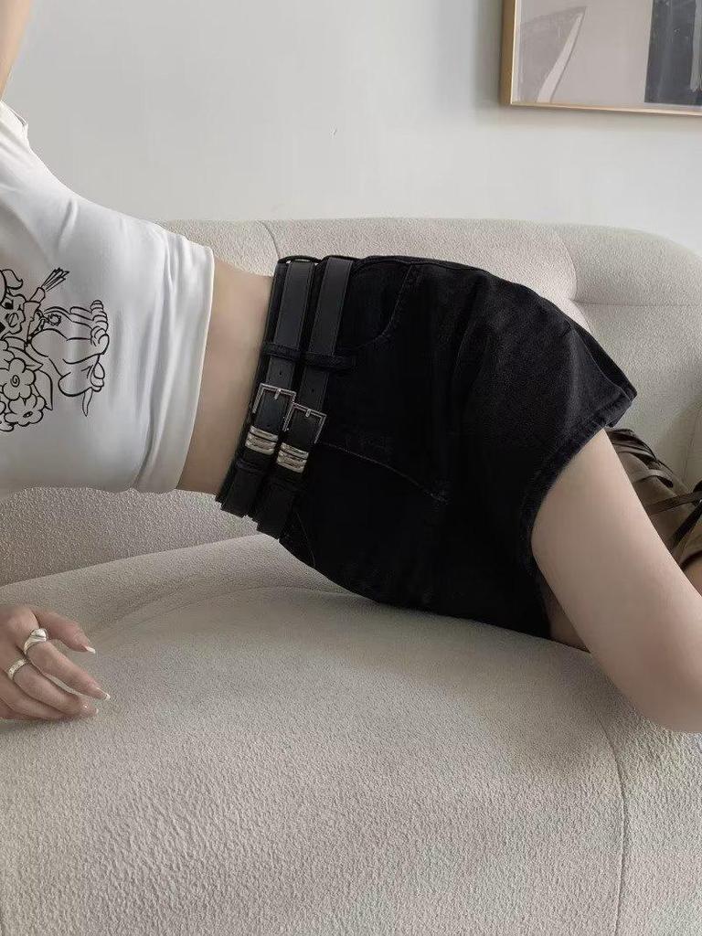 Spicy Girl High Waist Retro Slit Denim Skirt with Double Belt - Women's Summer A-line Mini Skirt