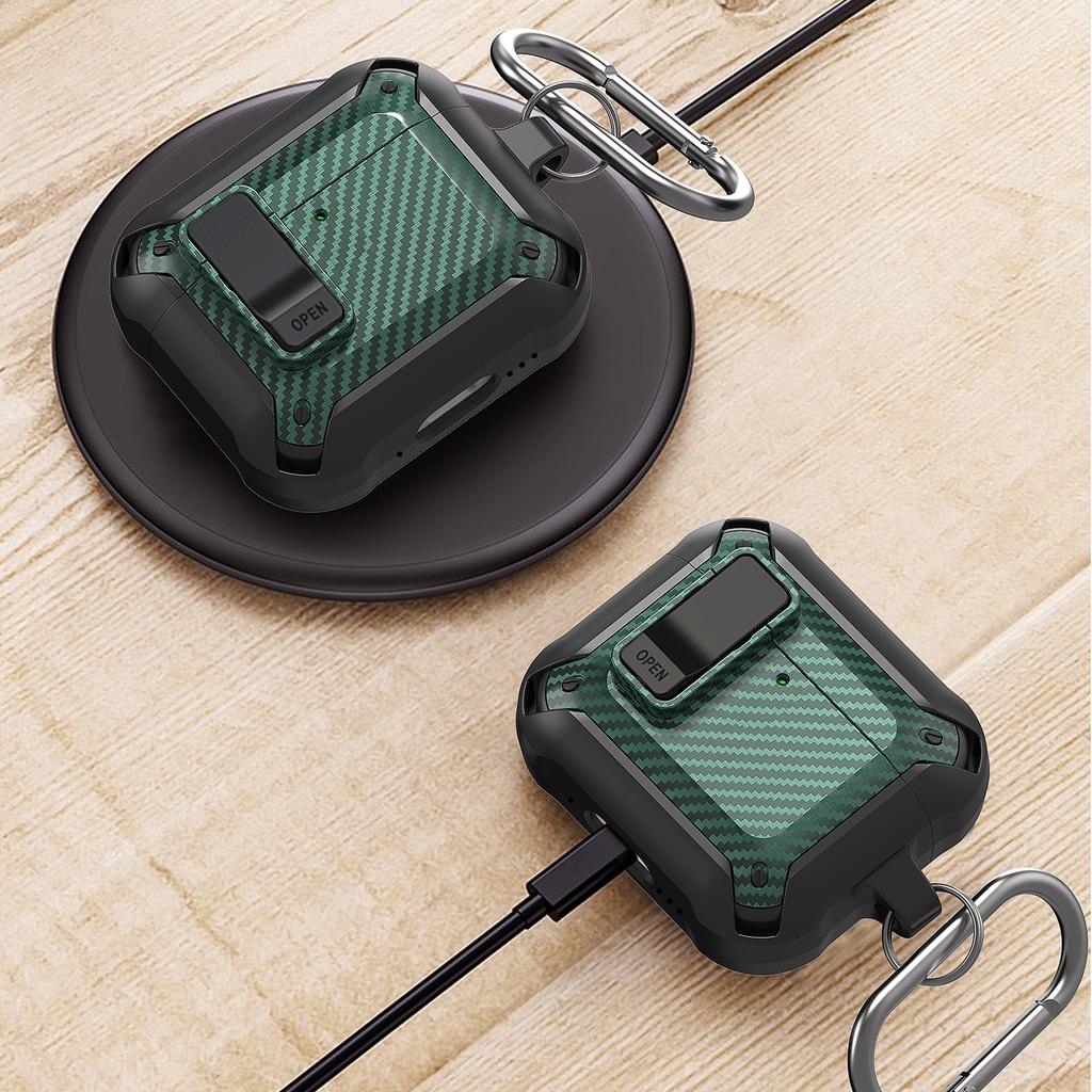 For AirPods 4 Bluetooth-compatible Earphone Cover Carbon Fiber Texture TPU+PC Anti-Drop Case with Buckle