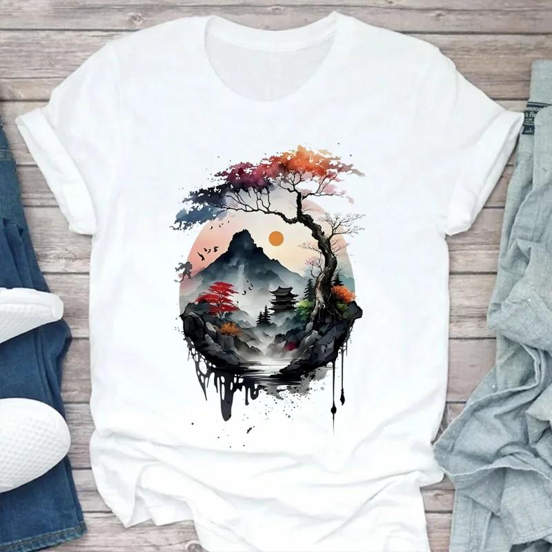 Ink Wash Style Natural Scenery Short Sleeve Summer Street Sun Rise and Sunset Painting Printed Tshirt Clothing Tops