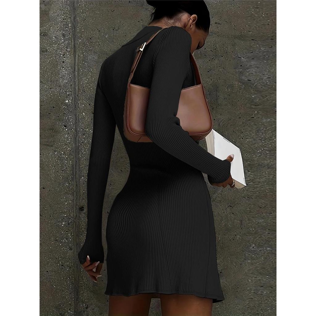 Dámské jednobarevné šaty s dlouhým rukávem, polovičním rolákem, sexy přiléhavé, krátké, pletené