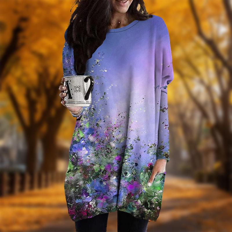 

Новинка осени Картина маслом Цветы Принт Плюс Размер Платье Женщин O-образным Вырезом Длинные Рукава Повседневные Карманные Платья 8XL синий