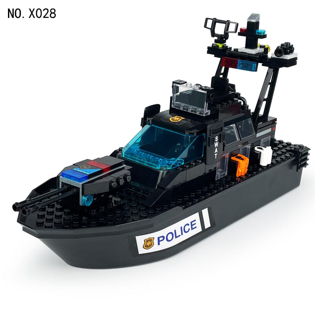 Serie militare Special Police Black Shark Patrol Boat Giocattoli per bambini Blocchi da costruzione