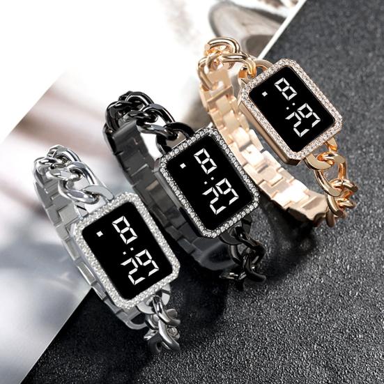Electronic Watch Multifunctional Life Waterproof Touch Control Women Fashion Square Rhinestone LED Digital Watch for Daily Wear