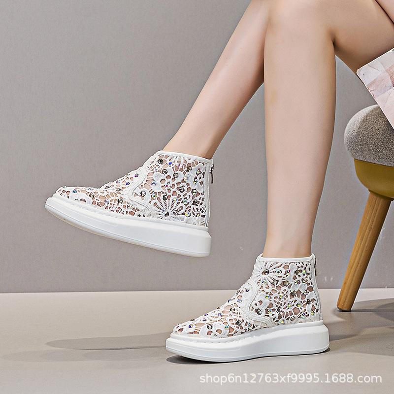 Leather lace mesh rhinestone high-top women's summer new full diamond casual fashion hole women's shoes