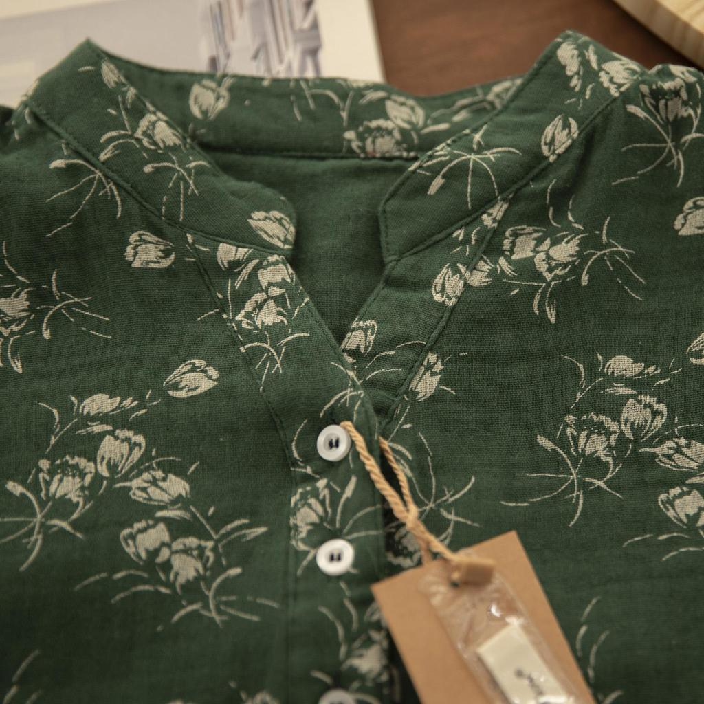 Chemise en Coton et Lin à Manches Longues et Décolleté en V Florale Gorge d'Hiver – Style Printanier Élégant pour Femme