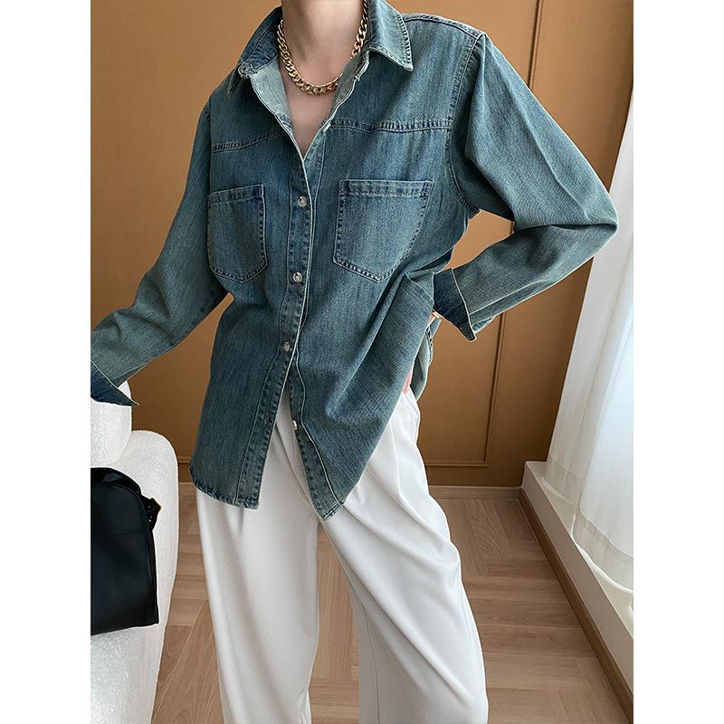 Funky and Casual Retro Washed Denim Shirt Early Spring
