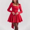 Sexy European & American U-Neck Long Sleeve Waist-Cinching Pleated Dress