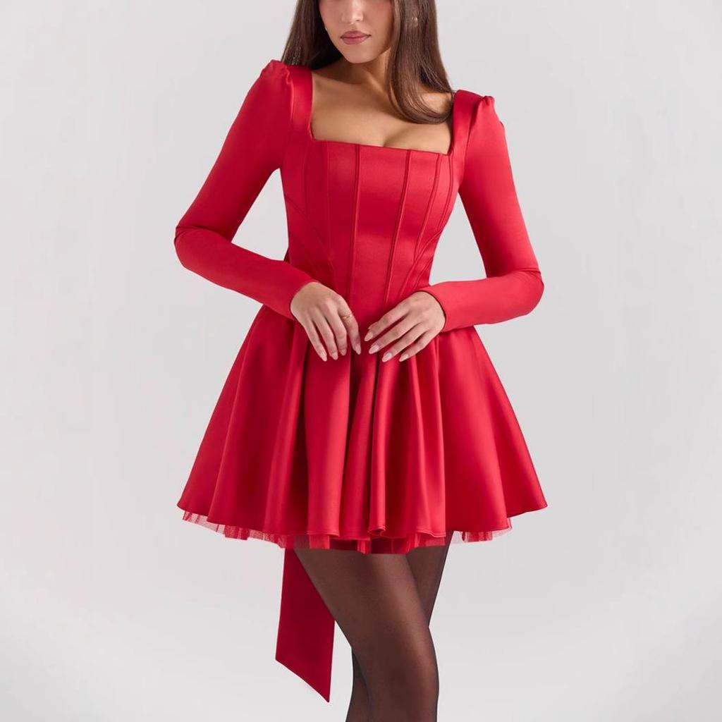 Abito Sexy Europeo & Americano con Scollo a U, Maniche Lunghe, Vita Stretta e Pieghe