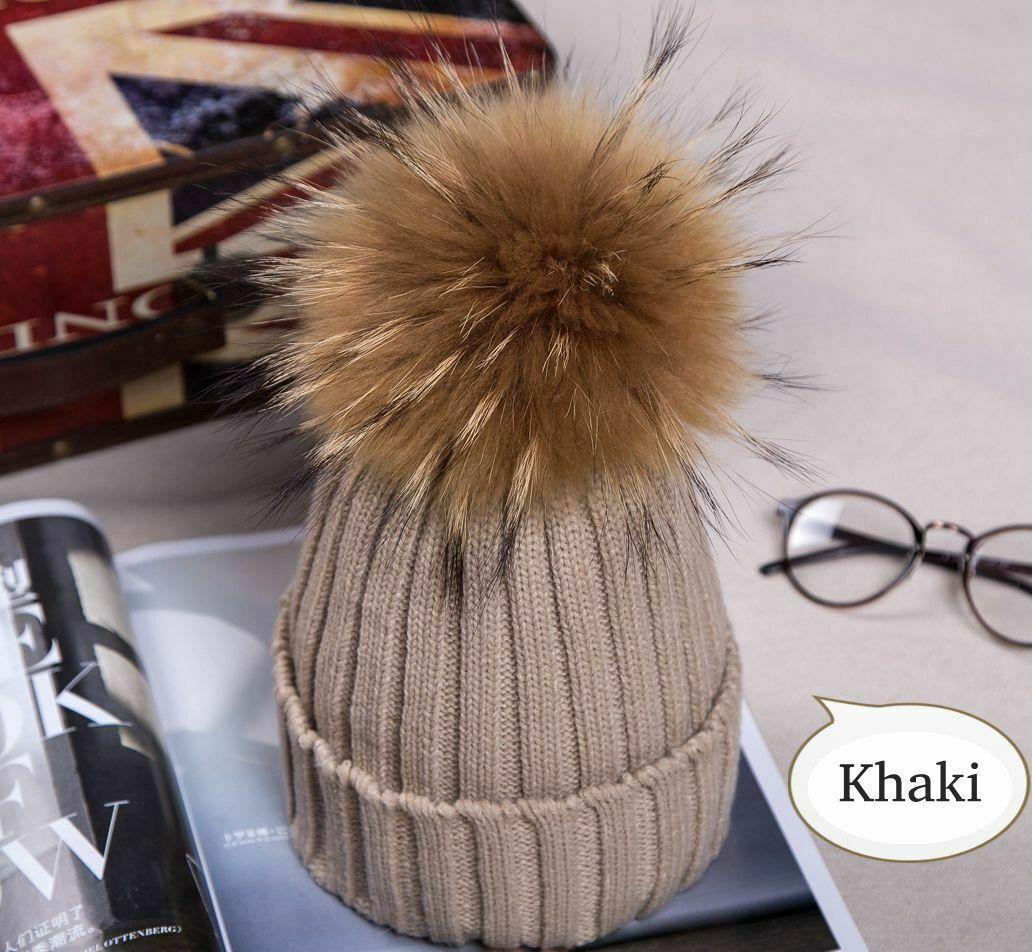 Женская зимняя шапка из меха енота с помпоном 16 см, вязаная шапка-бини, лыжная шапка с помпоном