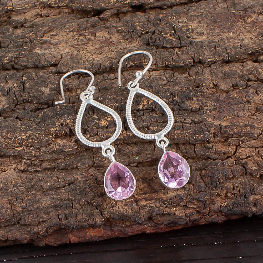 Morganite Gemstone 925 Sterling Silver Jewelry Handmade Statement Earrings1.90" EE-16-11