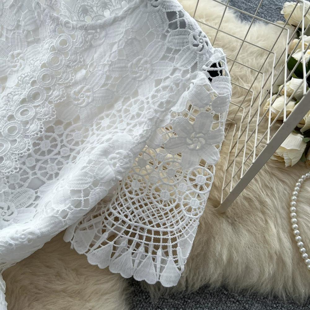 Abito Midi Elegante da Donna con Ricami in Pizzo, Manica Corta, Vita Alta, Linea ad A, Estivo, Casual, da Festa, per Matrimonio, da Vacanza, da Spiaggia