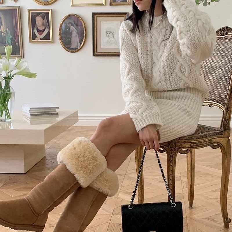 Herbst Winter Twist Elegant Damen Strickpullover Kleid Retro Lässig Locker Langarm Rundhals Pullover Kurze Kleider Büro Neue Slim Fit Kleidung