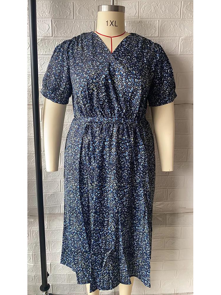 

Винтажное повседневное цельное свободное платье больших размеров для женщин, Франция, дизайн, платья с короткими рукавами и принтом, женская мода, с морщинами, с V-образным вырезом, одежда для леди 5XL темно-синий