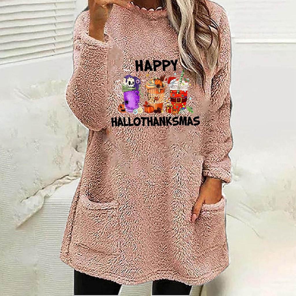 Women's 2024 European & American Christmas Print Casual Loose Long Sleeve Round Neck Pocket Hoodie