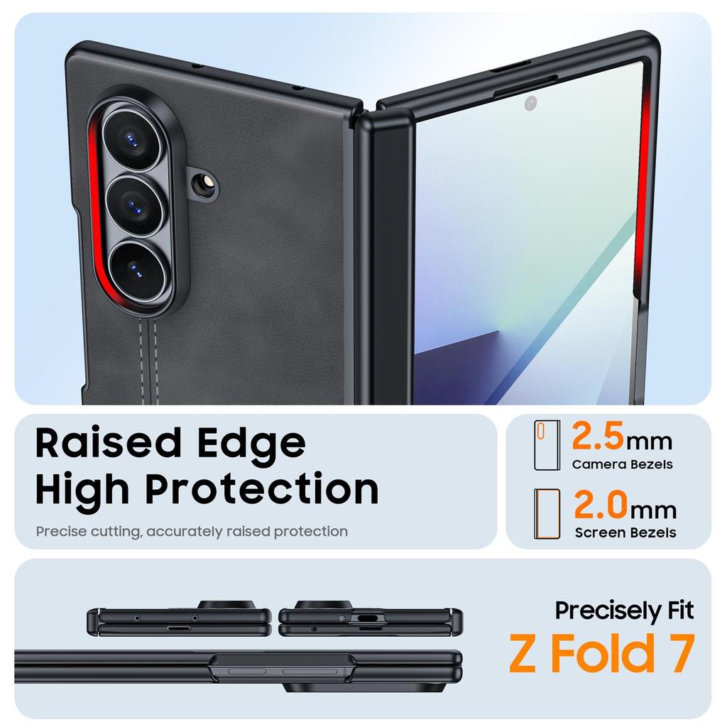 Leather Protective Case with Hinge Protection and Built-in Screen Protector for Samsung Galaxy Z Fold 7-Black