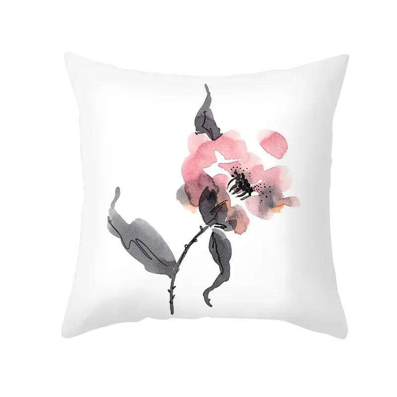 Plant Printed Pillow Pattern White Cushion Cover for Home Living Room Sofa Decoration Polyester