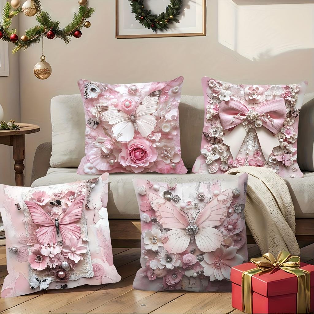 Pink Butterfly Pearl Pattern Home Decor Pillowcase Living Room Sofa Polyester Cushion Cover With Zipper