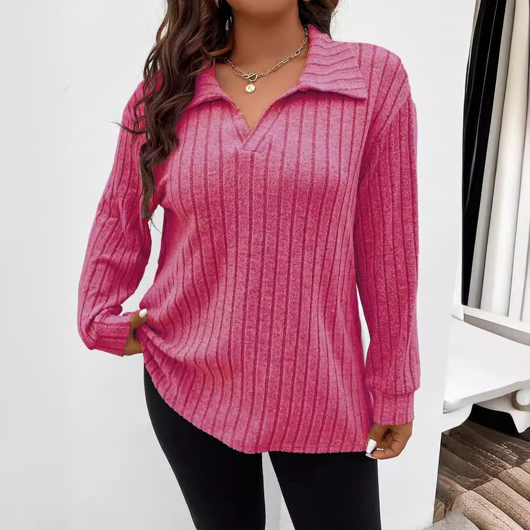 

GMXIA Осень-зима Однотонный женский топ больших размеров с V-образным лацканом и длинным рукавом в полоску с начесом Футболка Свободная XXXXL розовый