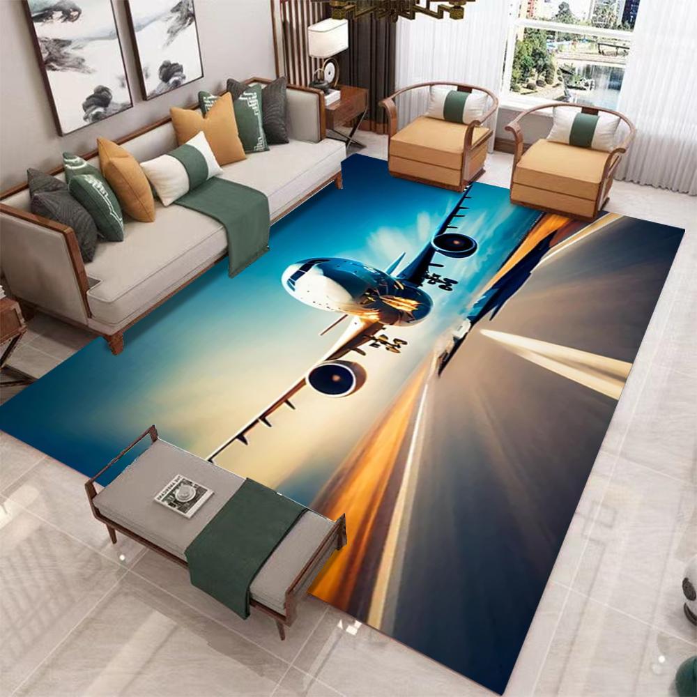 Large Airplane Theme Carpet with Warm Brown Desert Landscape Living Room Area Rug Dark Green Blanket Modern Home Decoration Mat