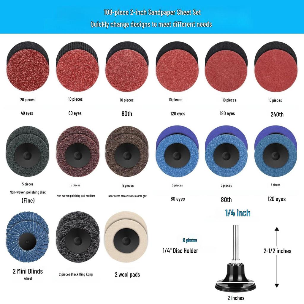 2-Inch Torque Sanding Disc Set - 108 Non-Woven Quick-Change Sandpaper Pads