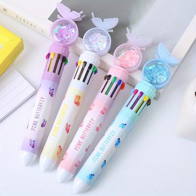 10 Stück 0,5 mm Schmetterlings-Pailletten-Kugelschreiber zum Drücken Zehnfarbiger Kugelschreiber Farbiger Graffiti-Konto-Stift Ölstift Schreibwaren