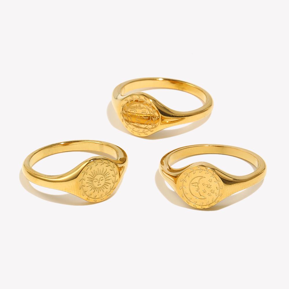 E.B.belle Creative Eagraved Facial Expression of Moon Sun Star Gold Plated Ring Tarnish Free Stainless Steel Godness Signet Ring