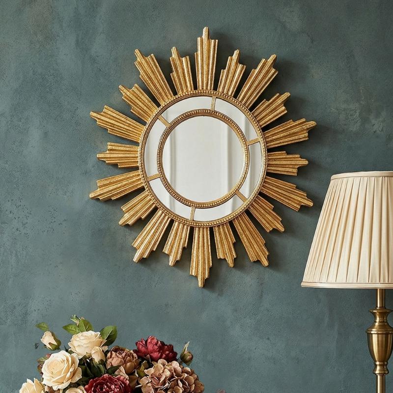 Stylish Resin Golden Sunbursts Vanity Mirror Wall Hanging Makeup Mirror for Bedroom or Bathroom Living Room Decors