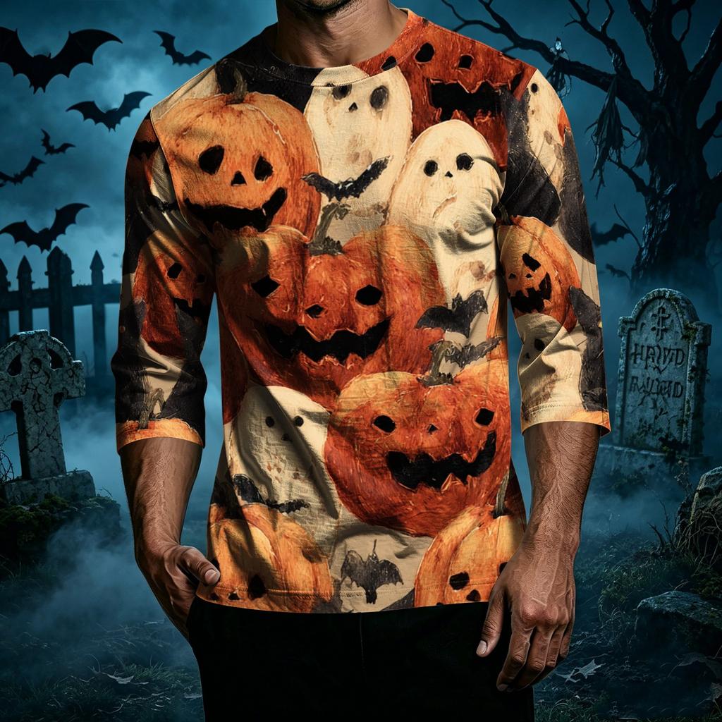 Men's Casual Halloween Print Crew Neck T Shirt Three Quarter Sleeve Top Comfortable Fit Seasonal Style