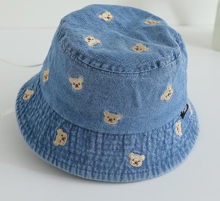 

Spring Summer Baby Caps Lovely Bear Embroidery Pattern Kids Boys Girls Outdoor Sun Hats Soft Denim Children Fisherman Hat 48-50CM синій
